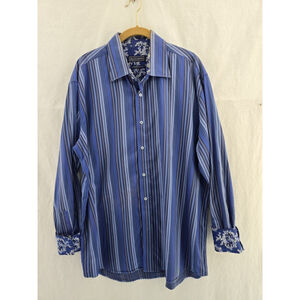 David Smith Long Sleeve Flip Cuff Blue Striped Button Up Shirt. Mens Size XL